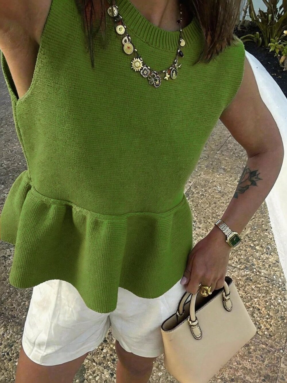 Green Casual Women's Y2K Knit Tank Top with Ruffle Hem, Sleeveless